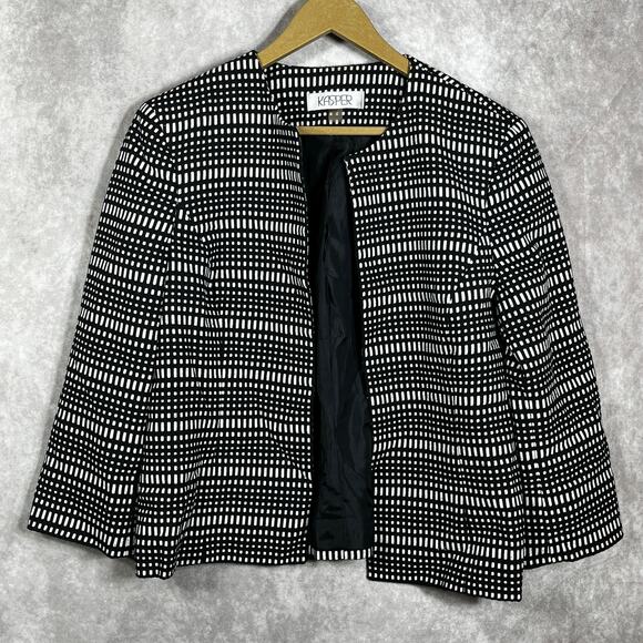 Kasper Blazer Jacket Womens 12 Black White Geometric‎ Open Front Business Career - Picture 1 of 9